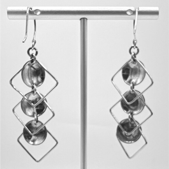 Silver Geometric Earrings 2.5" Dangle Articulated Spheres Triangles Squares - Picture 6 of 6